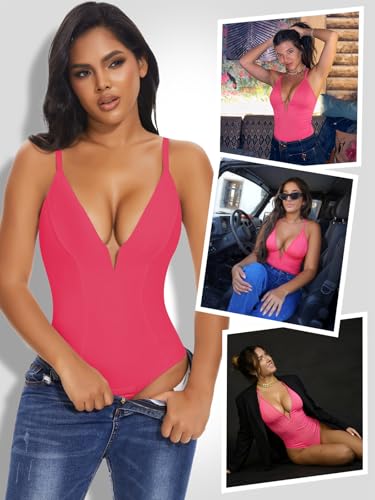 Image of SHAPERIN Bodysuit for Women Shapewear Tummy Control Deep V Neck Plunge Sleeveless Backless Thong Body Suit Tank Top
