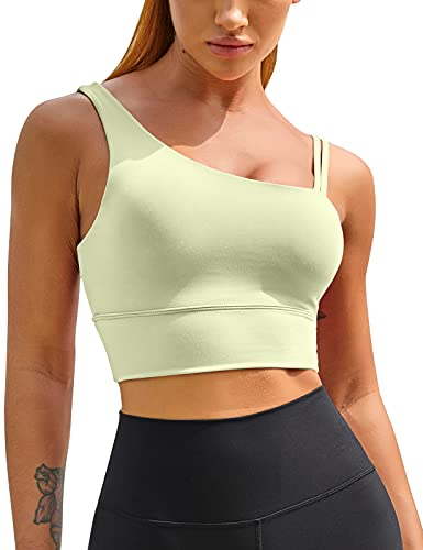 Melyum Womens One Shoulder Sports Bra Longline Padded Workout Crop Tank Tops Fitness Yoga Asymmetrical Top Light Green #TOP1