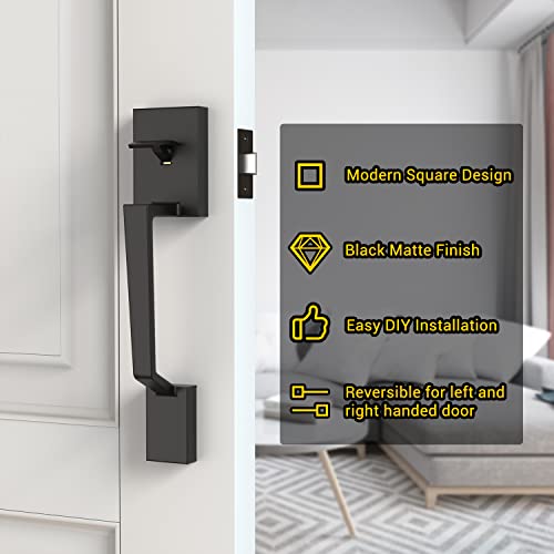 Ohuhu Front Door Handle, Heavy Duty Upgraded Front Door Lock Set Exterior Entry Matte Black Door Handles Single Cylinder Reversible Lever Zinc Alloy Use With Mechanical Electronic Smart Deadbolt Lock #TOP2