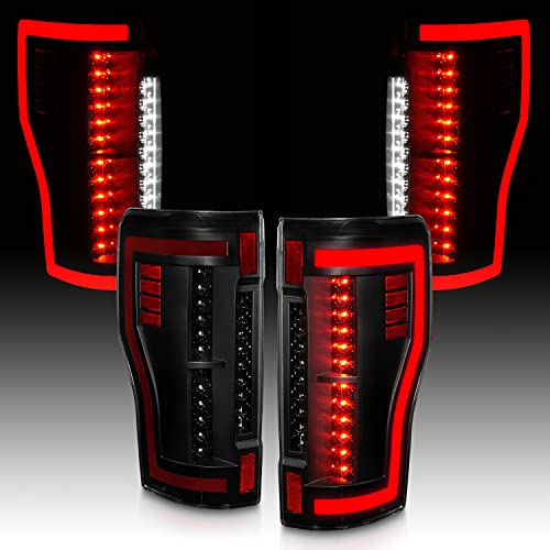 AmeriLite for 2017-2019 Ford Super Duty F250 F350 F450 Full LED Smoke Black Replacement Taillights w/Light Tube Pair - Passenger and Driver