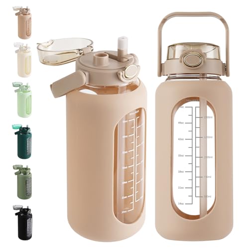 Image of 64 oz Glass Water Bottle with 2-in-1 Straw Lid Large Half Gallon Water Bottle with Time Marker & Removable Silicone Sleeve,Wide Mouth BPA-Free Borosilicate Bottle for Gym, Workout & Daily Use