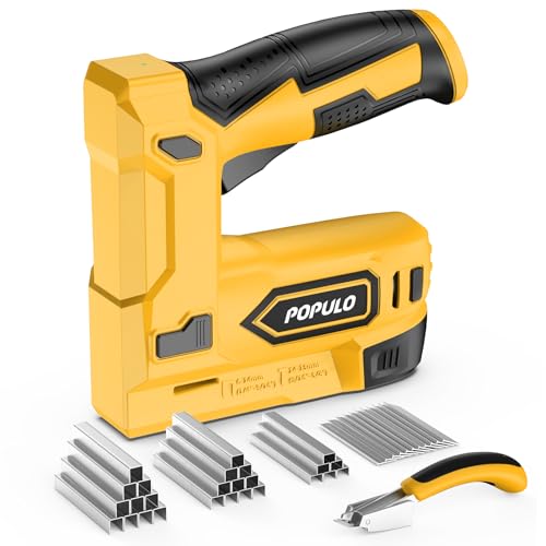 POPULO Electric Staple Gun, 2 in 1 Electric Stapler Tacker 4V Cordless Brad Nailer Kit, Battery Powered Nail Gun for Upholstery, Carpentry, DIY with Staple Remover, 1600 Staples and Nails, Yellow