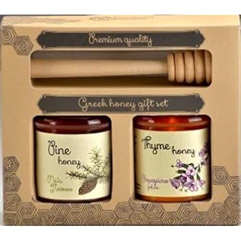 Melissokomiki Dodecanesse Honey Gift Set with Dipper (1 Thyme 130 g jar, 1 Pine 130 g, Wooden Dipper) Cover