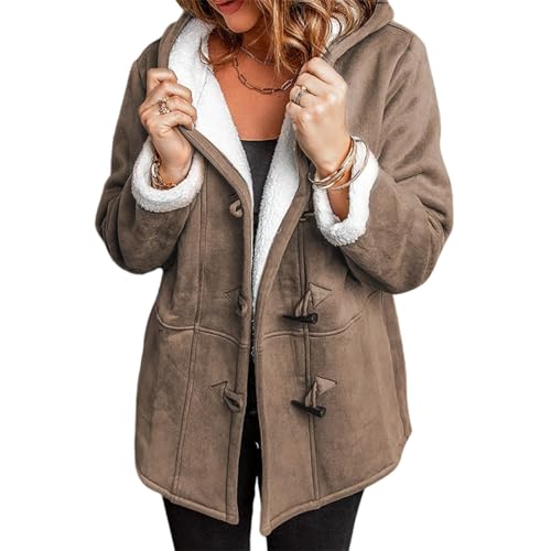 Womens Jackets Hooded Sherpa Fleece Jacket Thicken Fuzzy Jacket Casual Horn Button Down Coats Faux Suede Pea Coat