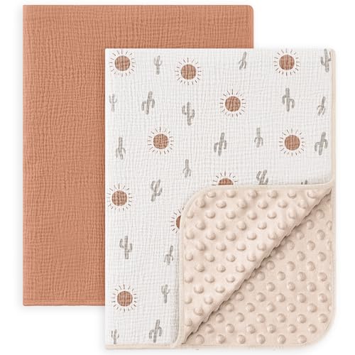 Image of Susurration Baby Blanket for Unisex Boys Girls, 2 Pack Soft Fluffy Crib Blankets with Muslin Cotton Front and Dotted Fleece Back, Receiving Blanket for Baby Newborn Infant, 30x40in, Beige Sun&Brown