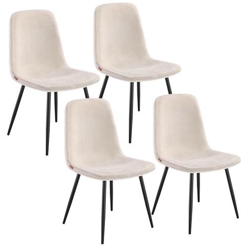 VASAGLE Sillas de Comedor, Juego de 4, Soporte de Metal, Pies Ajustables, Fácil Limpieza, Sillas de Cocina, Tejido de Chenilla, PU con Textura Brillante, Blanco Crema KDC188W01