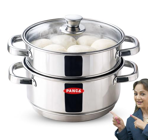 Image of PANCA Idli Maker Steamer Stainless Steel | 2 Tier Idly Cooker with Glass Lid | 18 cm Small Steamer for Momo, Dhokla, Idiyappam & Vegetables | Induction Base (Steamer 2 Tier)