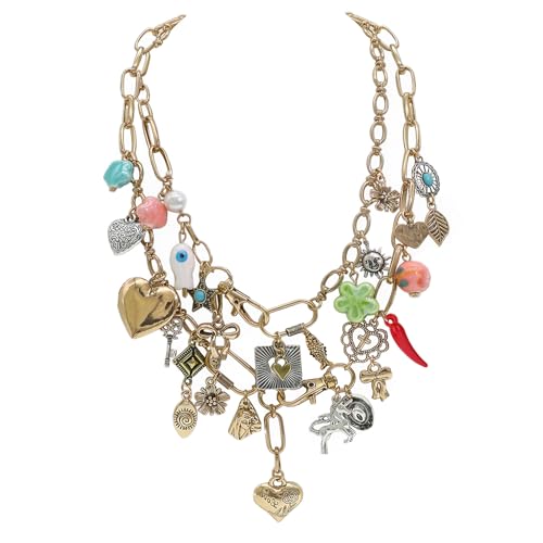 Chunky Retro Heart Necklace for Women Antique Layer Beach Ocean Moon Stars Western Boho Charm Necklaces Retro Link Chain Jewelry4