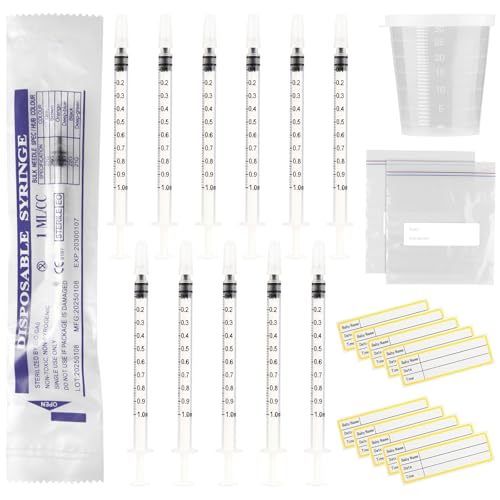 20 Sets 1ml Colostrum Syringes with Caps No Needle Colostrum Collector Kit Include 20pcs 1ml Sterile Syringes, 20 Labels, 2 Storage Bags and 1 Measuring Cup