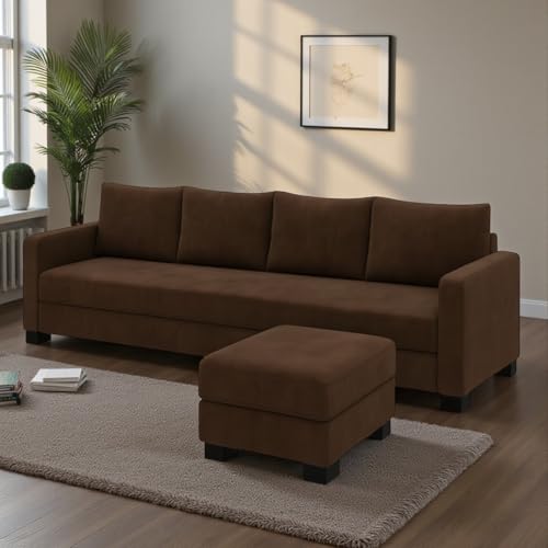 Image of FURNY Premium Canvas Fabric 5 Seater L Shape Sofa Set 4 Seater Modern Sofa Set & Ottoman for Living Room (Dark Brown Color) | Durable Comfort | Modern Design | Ideal for Living Room