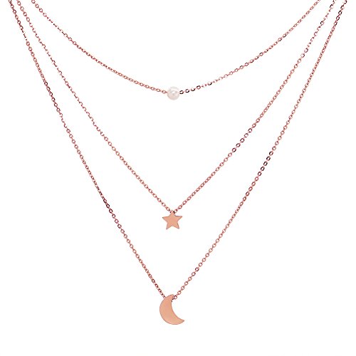 ELBLUVF - Collar de Media Luna de Oro Rosa de 18 Quilates con Perla de Varias Capas para Mujer