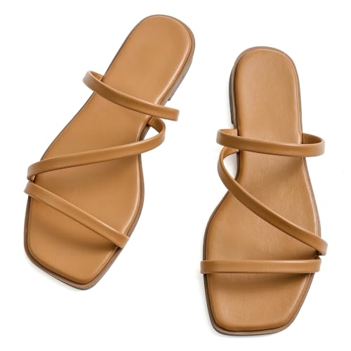 Image of LACUONE Flat Sandals Women Square Open Toe Slides