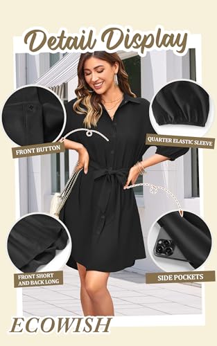 Image of ECOWISH Womens Button Shirt Dress with Pockets Fall Summer Short Mini Dresses Long Sleeve 3 /4 Sleeve Long Tunics Blouse Belt