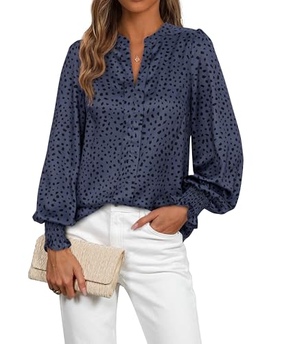MASCOMODA Womens Boho Floral Long Sleeve Tops Fall Fashion 2025 V Neck Loose Chiffon Work Blouses Dressy Casual Ruffle Shirts(Floral Grey Blue,Small)
