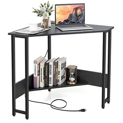 Tangkula Corner Desk with Power Outlet & USB Ports, Triangle