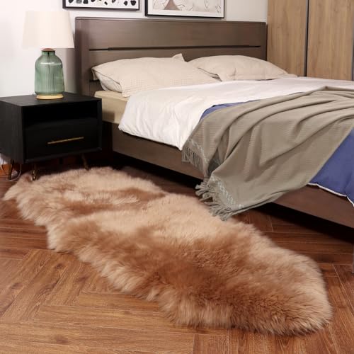 Premium Genuine Fur Sheepskin Rug Real Australia Sheepskin Natural Luxury Fluffy Lambskin Fur Area Rug Seat Covers for Kids Bedroom Sofa Chair Cover (Light Brown, Double Pelt/2ft x 6ft)