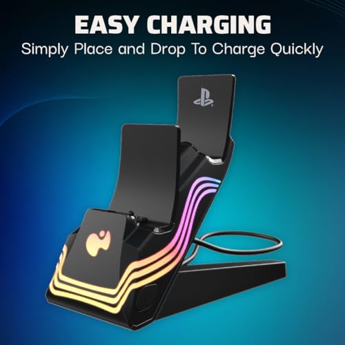 Image of PDP Afterglow Wave LED Dual Gaming Charger for 2 PlayStation 5 DualSense Controllers, Compatible with PS5 and PS4, Customizable RGB Lighting Effects - Black
