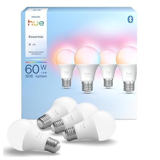 Philips Hue Essential Ampoule LED Connectée A60, White and Color Ambiance, Ampoule E27, 8W, 2200-6500 K, 806 lumens, Intensité réglable, Compatible Alexa, Google Assistant et Apple Home, Pack de 4
