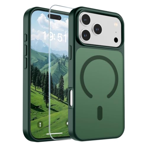 Image of SUPFINE Magnetic for iPhone 17 Pro Case with Screen Protector (Compatible with MagSafe)(Military Grade Drop Protection) Translucent Matte Phone Cover,Forest Green