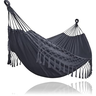 SUNCREAT Extra Large Double Hanging Hammock for Camping, Hammocks for Outside 2 Person Heavy Duty, Dark Gray with Tassels