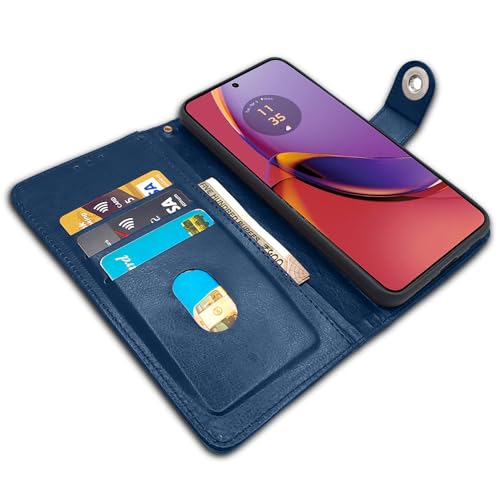 Image of Pikkme Motorola G84 5G Flip Cover Leather Finish | Wallet Stand and Shock Proof | Inside TPU with Card Pockets | Complete Protection Button Flip Case (Blue)