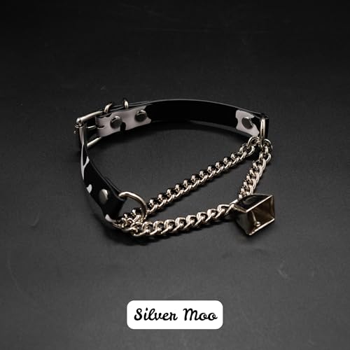 Handmade Cow Print Bell Collar Choker Necklace for Women, Adjustable Cow Print PU Leather Buckle Cuban Chain with Gold Bell Necklace, Gothic Cow Outfits Collar for Women4