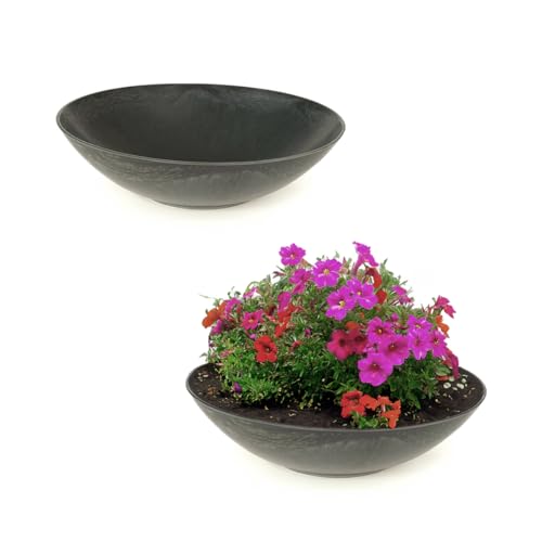 matches21 wetterfeste Pflanzschalen für draussen - Zwei große Dekoschalen in schwarz marmoriert als Blumenschalen - Flache 25 cm Garten Schalen für Blumen, Bonsai oder Friedhof Grab-Schmuck