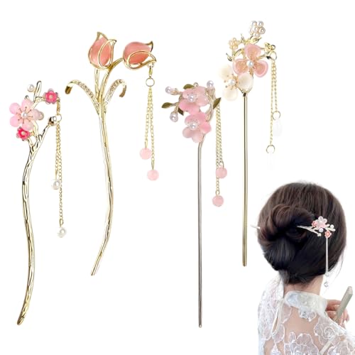 Image of SANNIDHI 4Pcs Hair Stick for Bun Elegant Flower Hair Bun Stick with Tassels, Chinese Style Floral Pins for Women, Alloy Metal Vintage Pearl Accessories