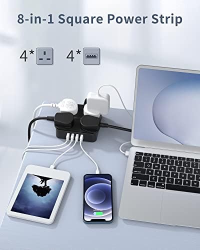 Extension Lead with 4 USB Ports, ONLYWIN Desktop Power Strip with 4 Way Outlets 4 Smart USB Slots Power Socket Plug, 2m Extension Cable for Motorhome, Home, Office, TV, Black