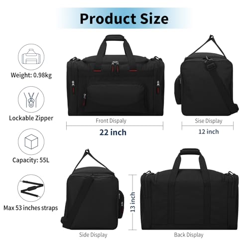 Image of 55L Gym Sport Duffle Bag for Men, Black | 22 inch, Large Capacity, Multi Pockets, Weekender, Travel, 22 inchx12 inchx13 inch