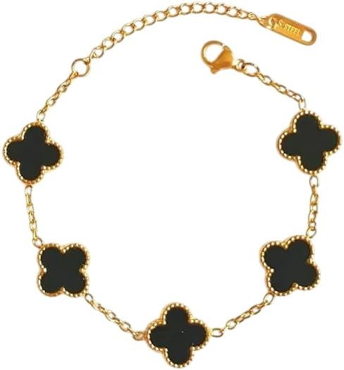 Clover Bracelet for Women Stylish | Anti Tarnish Bracelet for Woman | Fashion Jewellery for Women Aesthetic Accessories for Girls Chain Bracelet | Stainless Steel Bracelets for Everyday Wear (Black Clover)