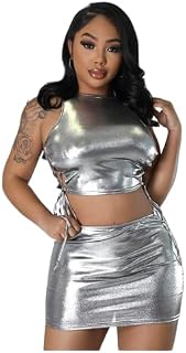 Women's Metallic Two-Piece Set, Gold Crop Top with Mini Skirt, Price In India