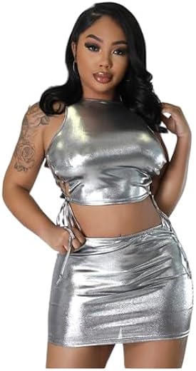 Women's Metallic Two-Piece Set, Gold Crop Top with Mini Skirt,