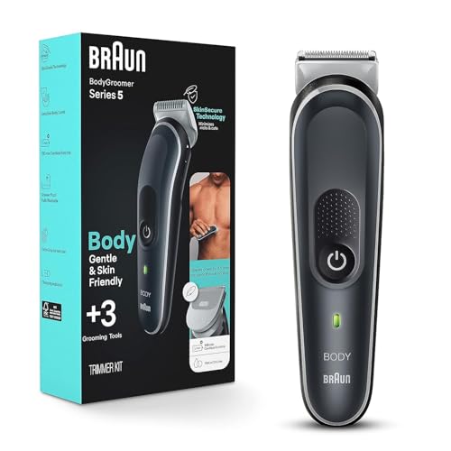 Braun Body Groomer 5 para hombre, BG5340, herramienta Manscaping, tecnología SkinShield, peine sensible, hoja de metal afilada de por vida, peluquero corporal para hombres, gris/blanco
