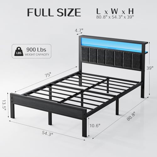 Image of OLEVS Full Size Bed Frame with LED Lights & Charging Station, Modern Platform Bed with Upholstered Storage Headboard, No Box Spring Needed Easy Assembly