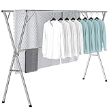 OUUTMEE 200CM Séchoir à Linge Pliable pour Intérieur et Exterieur, Étendoir a Linge en Acier Inoxydable, Séchoir à Linge Extensible de Grande Capacité avec 20 Crochets Coupe Vent (Argent)