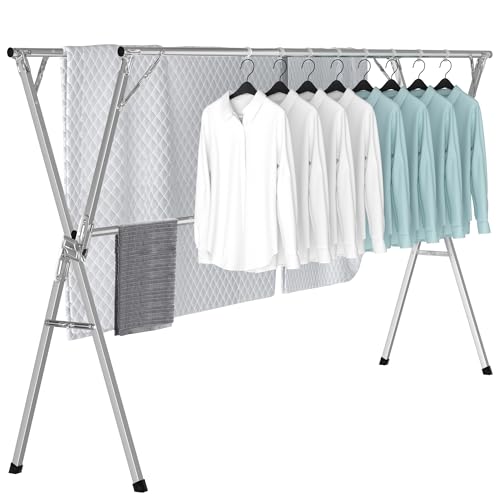 OUUTMEE 200CM Séchoir à Linge Pliable pour Intérieur et Exterieur, Étendoir a Linge en Acier Inoxydable, Séchoir à Linge Extensible de Grande Capacité avec 20 Crochets Coupe-Vent (Argent)
