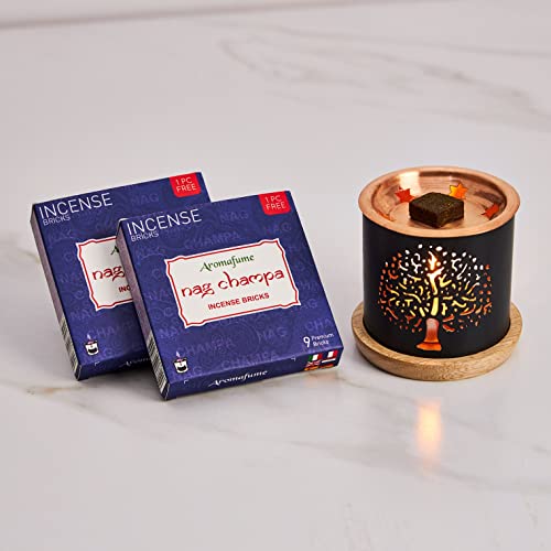 Nag Champa Incense Bricks (2 X 9 Bricks) & Tree Of Life Exotic Incense Burner By Aromafume | Made With Sandalwood, Jasmine, Ylang Ylang & Champa Flower | Natural, Low Smoke, Non Toxic Incense Bricks #TOP29