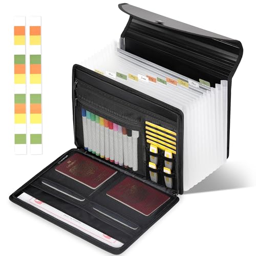 TUNROP Document Organiser, 12 Pockets File Organiser Box with Zipper and Labels, Office Home Portable Expanding File Folder, Filing Folder, Paperwork Organiser, for A4 Files, Bill, Receipts and More.