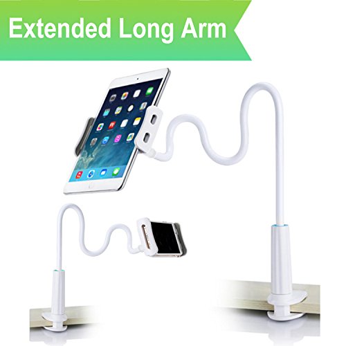 Cellphone & Tablet 2 in 1 Stand Holder Clip with Grip Flexible Long Arm Gooseneck Bracket Mount Clamp for Ipad/iPhone X/8/7/6/6S Plus Samsung S8/S7 - White