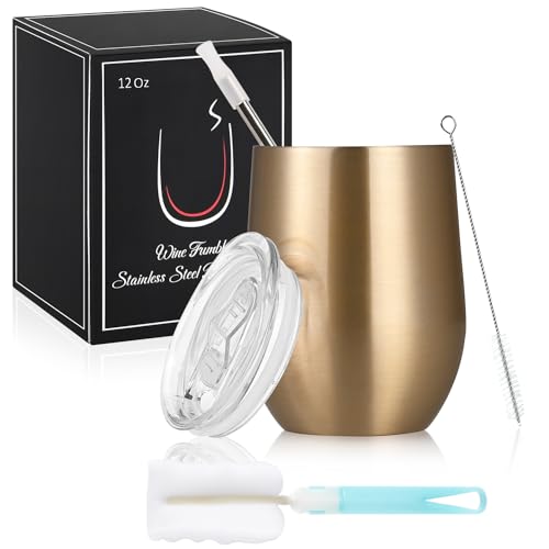 Joymaking Copa de vino de acero inoxidable, sin tallo con tapa, taza de viaje irrompible de doble pared para leche, café, vino, cerveza, champán, cócteles, champán, oro champán