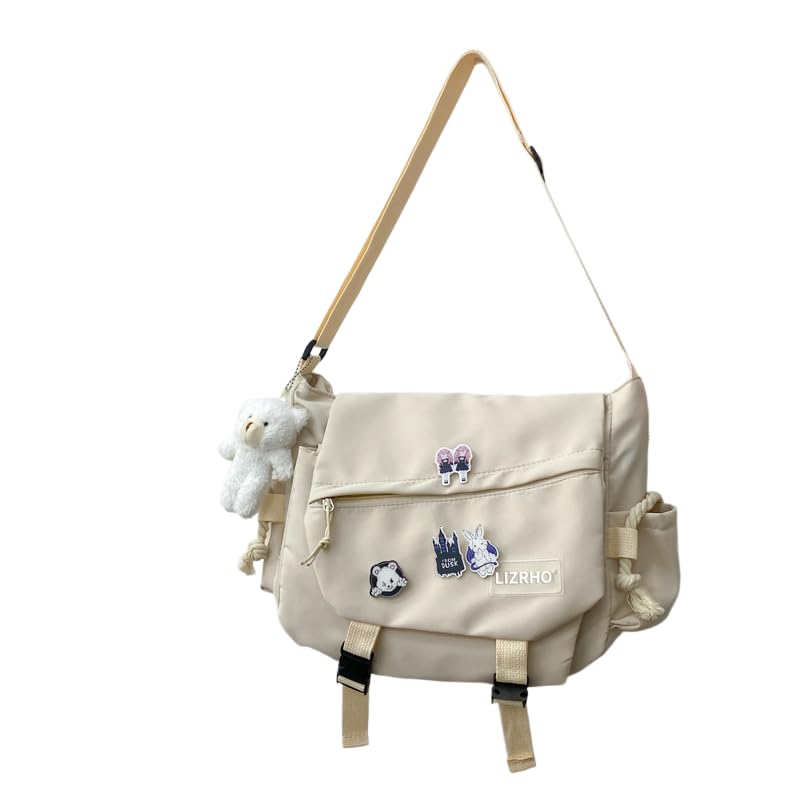 CHENXIAOHONG Bolsa mensageiro feminina grande com alça transversal, estilo escolar, com patches e opção com ursinho – bolsa de ombro espaçosa para faculdade e dia a dia.(Branco + borda + grosso)
