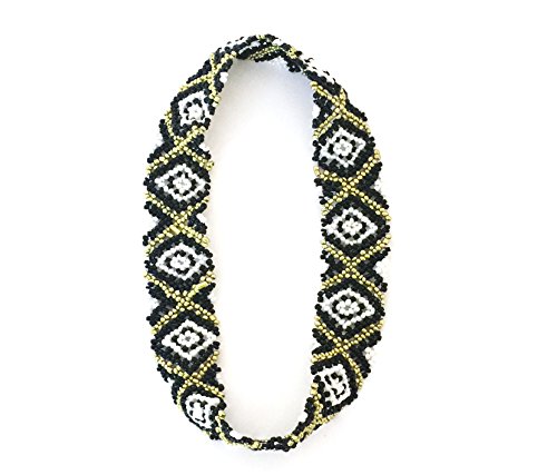WigsPedia Native American Pattern Handmade Elastic Stretch Seed Bead Hair Accessories (Black White Diamonds)