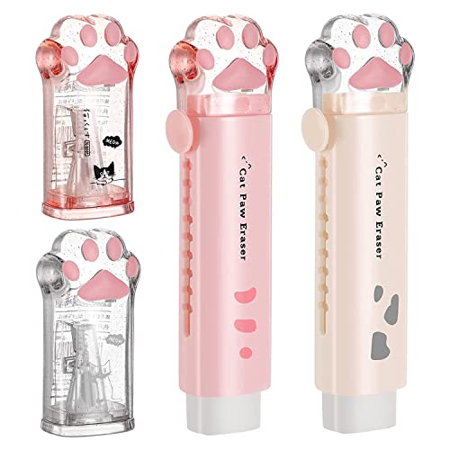 Lot De 4 Fournitures Scolaires Kawaii Patte De Chat : 2 Taille-Crayons Et 2 Gommes Rétractables Mignonnes
