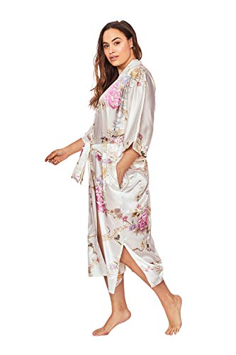 KIM+ONO Plus Size Women's Satin Kimono Robe Long - Floral - Chrysanthemum & Crane - White