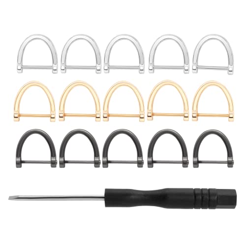 Rierdge D-Rings, 15 Pcs U Shape D Ring 19mm Inner Width Screw in Shackle Semicircle with Small Screwdriver, Horseshoe Shape D Ring for DIY Leather Craft Accessories, Gold + Silver + Matte Gun Black