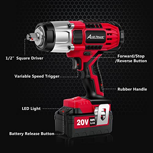 Avid Power Cordless Impact Wrench, 1/2 Impact Gun w/ Max Torque 330 ft lbs (450N.m), 20V Impact Driver Kit w/ 3.0A Li-ion Battery, 4 Pcs Drive Impact Sockets and 1 Hour Fast Charger, Electric Impact