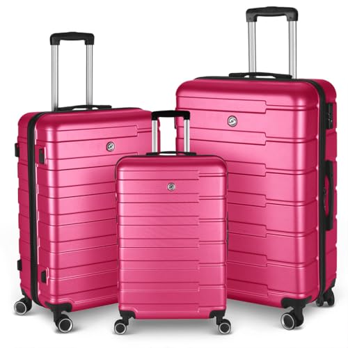 3 Piece Luggage, Modern Lightweight Suitcase with Hooks and Spinner Wheels Hard Side Carry On Luggage with Password Lock and Telescopic Rod for Business Travel Domestic Foreign Travel,Rose red