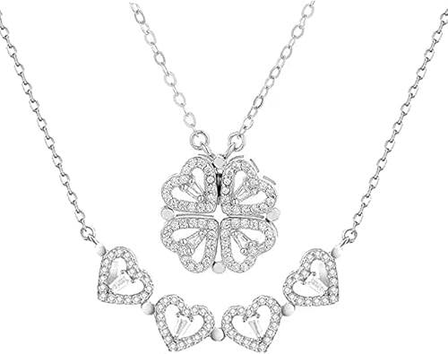 Gold And Silver-Plated Pendant Diamond Folding Magnetic Copper Heart Four Leaf Clover Necklace (Gold) #TOP5