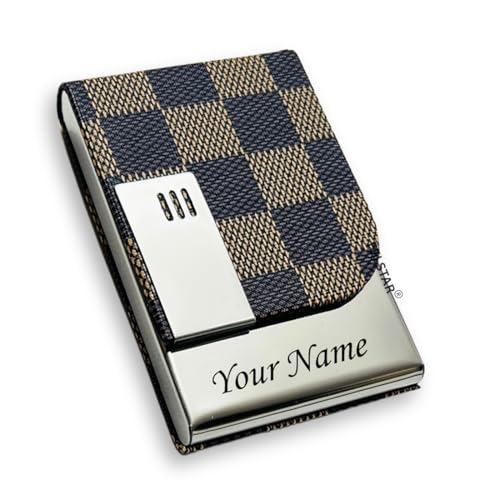 Image of FELSTAR Customized /Personalized Card Holder with Name Engraved, Leather Professional Business Visiting Card Holder /Credit Card Holders Men, Women Day Gift, Corporate Gift for Employees (Brown Check)